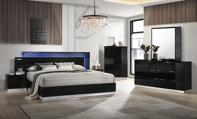 B77 MODENA 4PCS HIGHGLOSS LED BEDROOM SET - BLACK – Serra Furniture