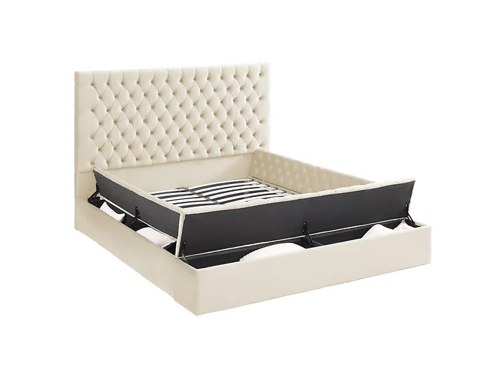 B8011 VELVET UPHOLSTERED STORAGE PLATFORM BED - CREAM – Serra Furniture