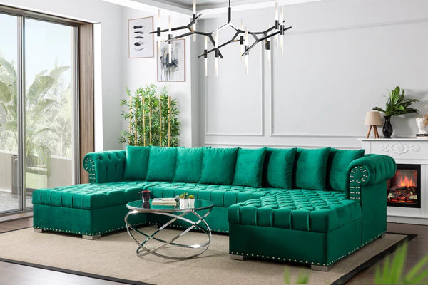 LARRY VELVET DOUBLE CHAISE SECTIONAL LIVING ROOM SET GREEN