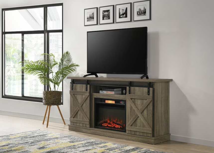 Mueble de TV con chimenea y panelado