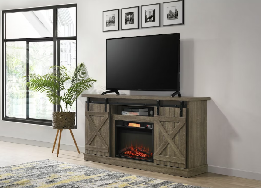 Gray barn door tv stand with fireplace deals