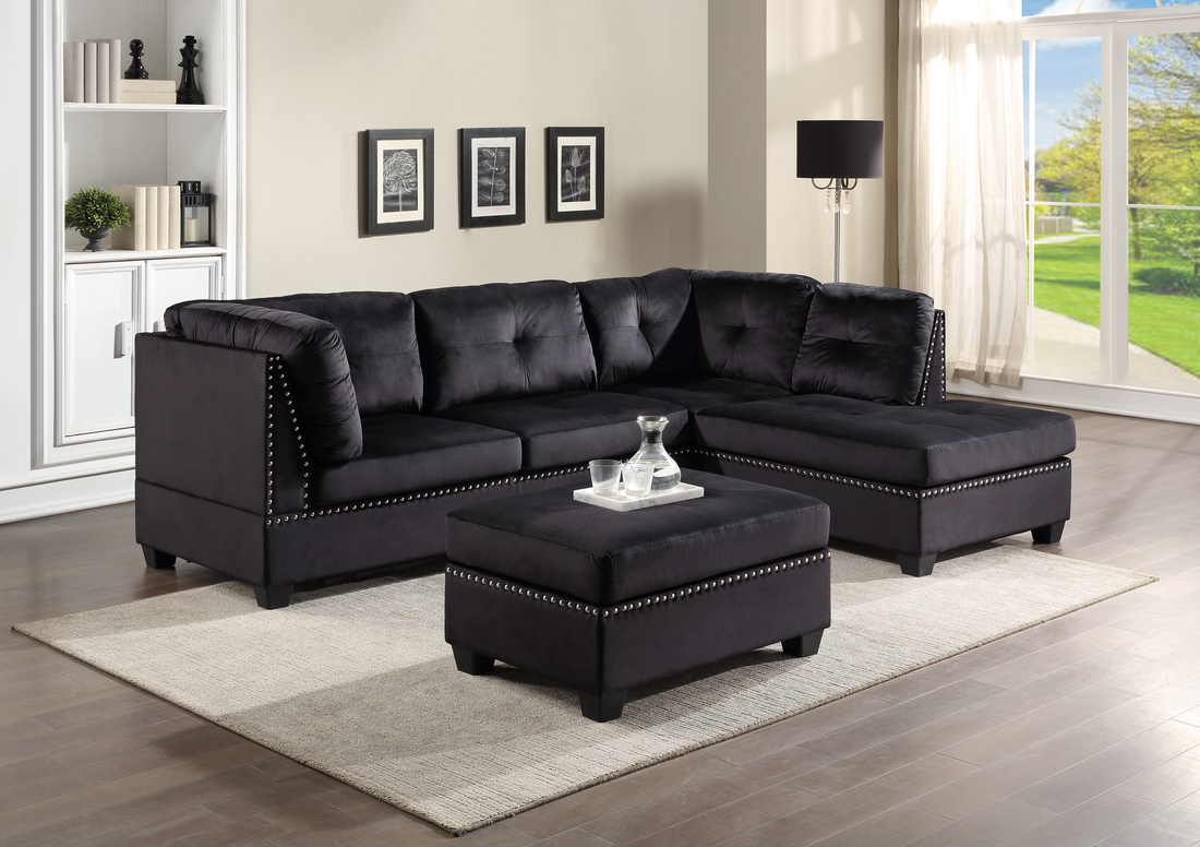 Black leather sectional with cheap ottoman