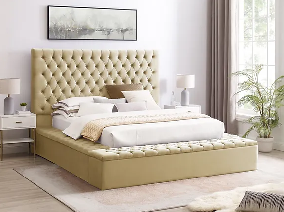 B8011 VELVET UPHOLSTERED STORAGE PLATFORM BED CREAM Serra Furniture