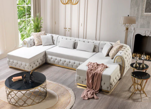 JESS - VELVET DOUBLE CHAISE SECTIONAL LIVING ROOM SET - IVORY