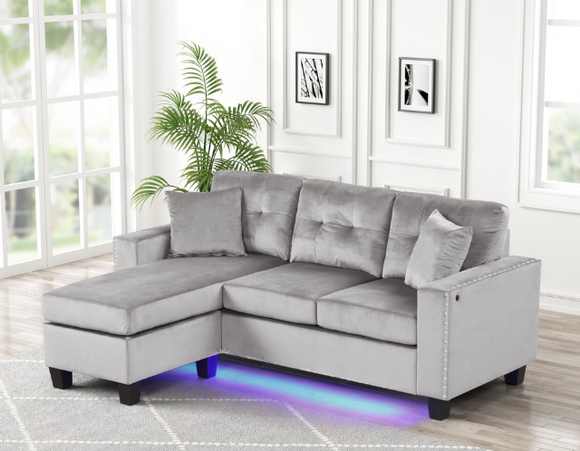 MESSI GREY REVERSIBLE SECTIONAL WITH LED LIGHTS & USB PORT