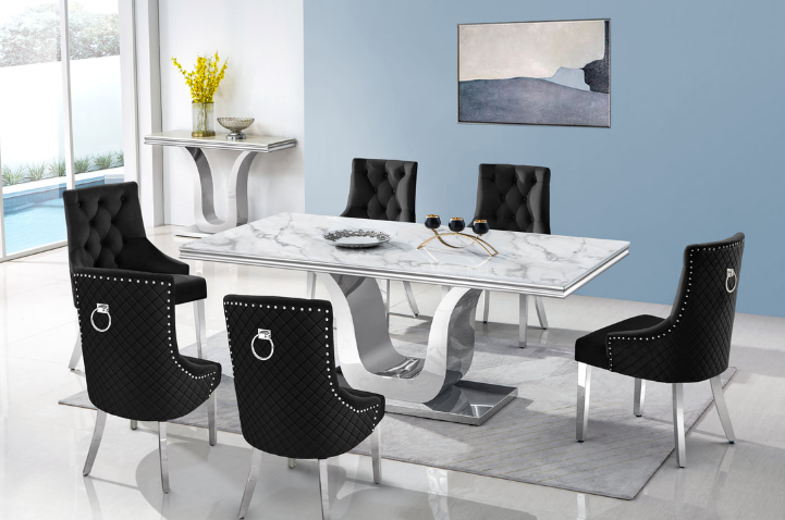 D4041 GENUINE MARBLE TABLE 6 CHAIRS DINING SET GREY