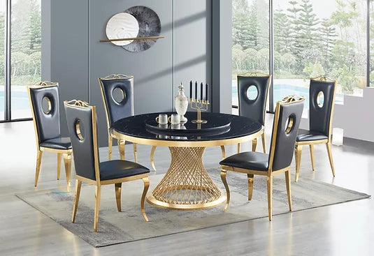 D605 UNICO SANTIAGO 5PCS ROUND DINING SET BLACK GOLD Serra