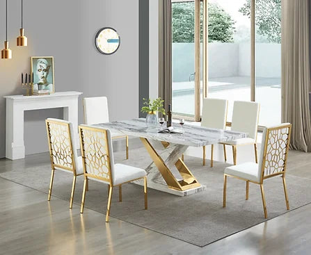 D610 VIVA MIMI TABLE & 6 CHAIRS DINING SET - WHITE & GOLD