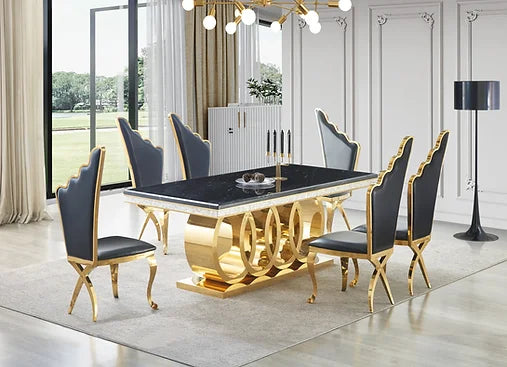 D620 GIOVANNI PARIS TABLE & 6 CHAIRS DINING SET - BLACK & GOLD
