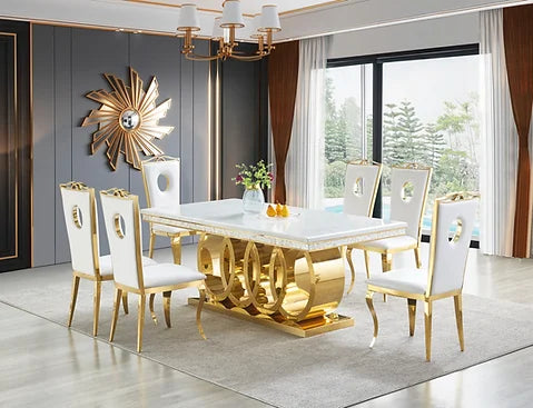 D620 GIOVANNI SANTIAGO TABLE & 6 CHAIRS DINING SET - WHITE & GOLD