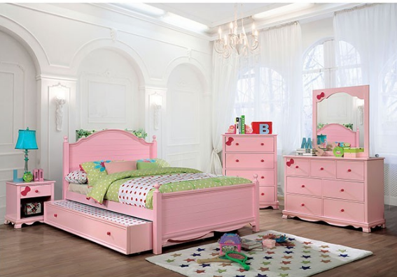 Furniture of America Jevi Transitional Full 2 Piece Bed with Trundle Set Pink