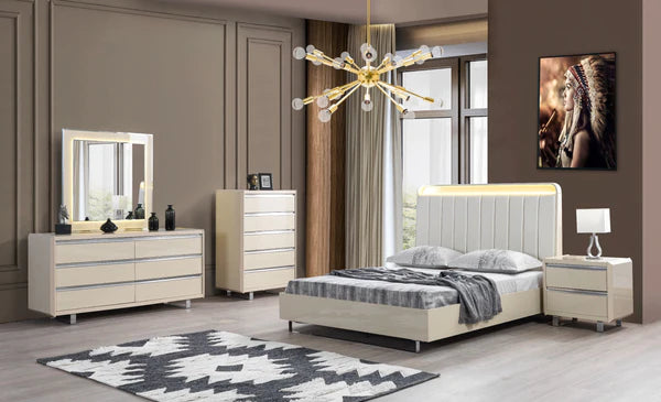 VIOLA HIGH GLOSS LACQUER 4 PCS QUEEN BEDROOM SET CREAM Serra Furniture