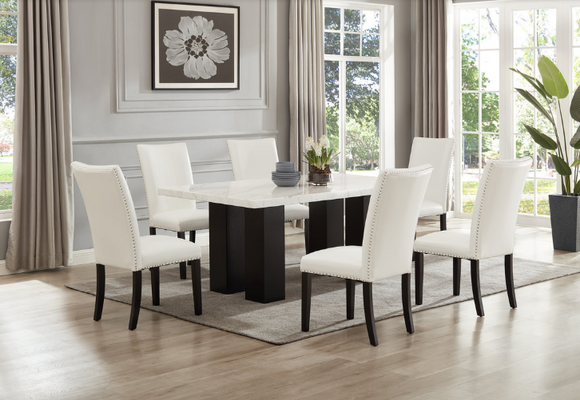 FINLAND WHITE PU (GENUINE MARBLE) TABLE & 6 CHAIRS DINING SET