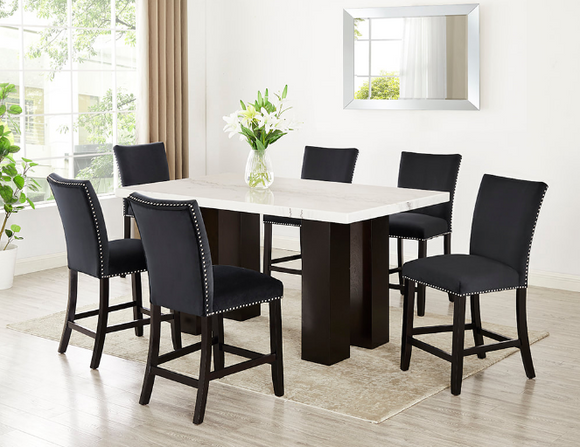 FINLEY BLACK (GENUINE MARBLE)  COUNTER HEIGHT TABLE & 6 CHAIRS DINING SET