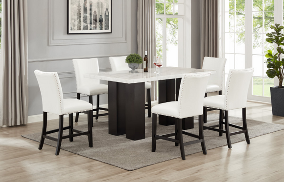 FINLEY WHITE PU (GENUINE MARBLE)  COUNTER HEIGHT TABLE & 6 CHAIRS DINING SET