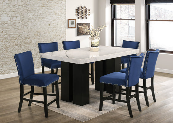 FINLEY BLUE (GENUINE MARBLE)  COUNTER HEIGHT TABLE & 6 CHAIRS DINING SET