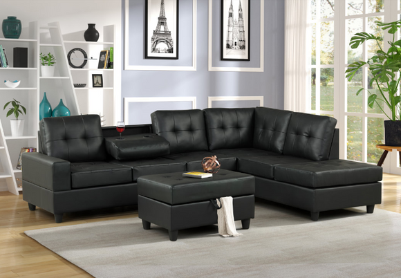HEIGHTS BLACK PU REVERSIBLE SECTIONAL + STORAGE OTTOMAN