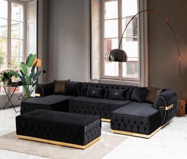 Jester Velvet Double Chaise Sectional Living Room Set Black Serra Furniture