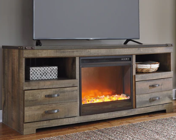 ASHLEY TRINELL 63 INCH TV STAND WITH ELECTRIC FIREPLACE - BROWN