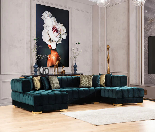 Green velvet online sofa with chaise