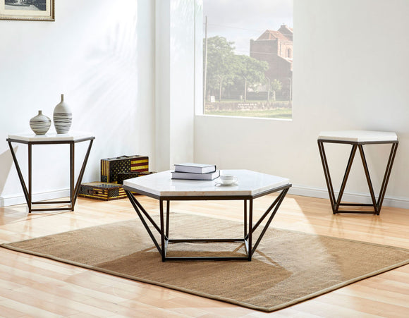 CV200 MARBLE-TOP HEXAGON COCKTAIL TABLE & 2 END TABLES SET