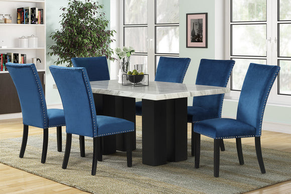 1220 - MARBLE TOP TABLE & 6 CHAIRS DINING SET - BLUE
