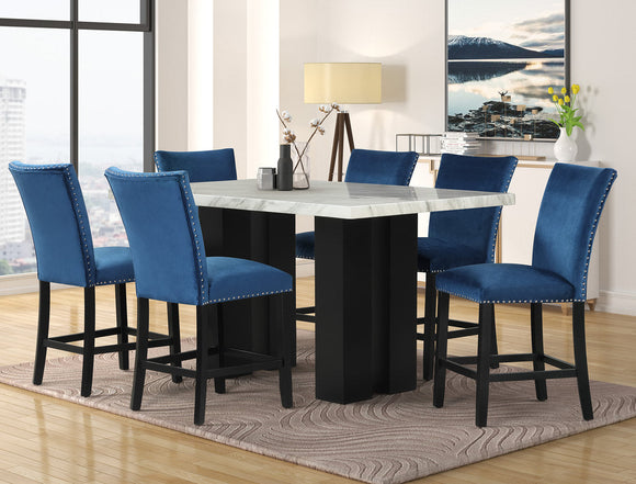 2220 - MARBLE TOP COUNTER HEIGHT TABLE & 6 CHAIRS DINING SET - BLUE