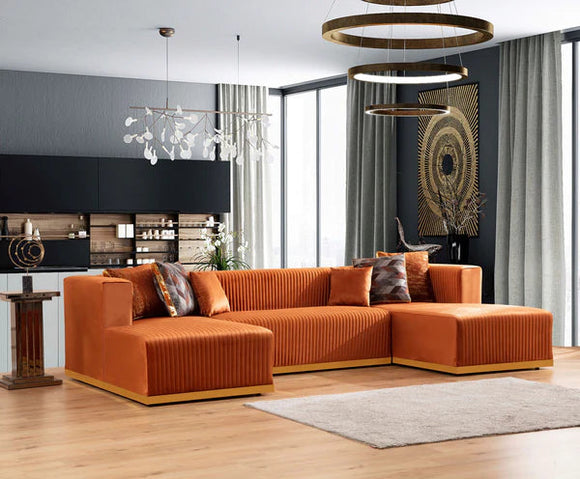 JULIANA - VELVET DOUBLE CHAISE SECTIONAL COUCH - ORANGE