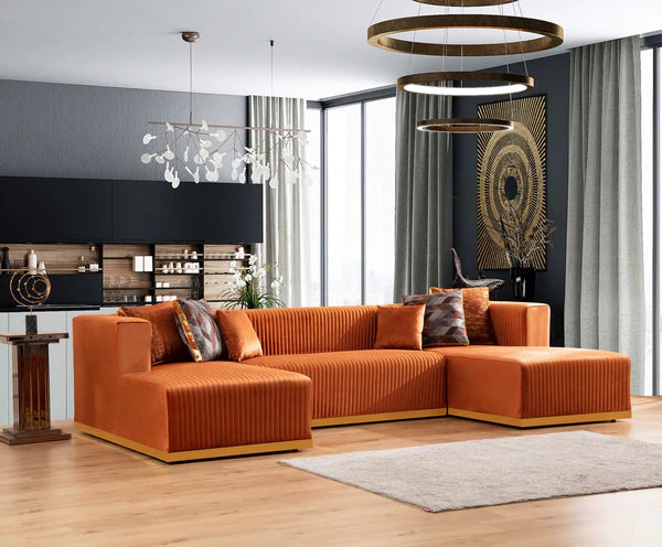 Juliana Velvet Double Chaise Sectional Couch Orange Serra Furniture