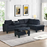 S878 ALLEN 3 PCS SECTIONAL WITH STORAGE OTTOMAN LIVING ROOM SET- BLACK