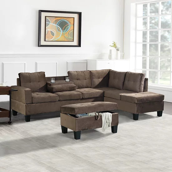 S878 ALLEN 3 PCS SECTIONAL WITH STORAGE OTTOMAN LIVING ROOM SET- BROWN