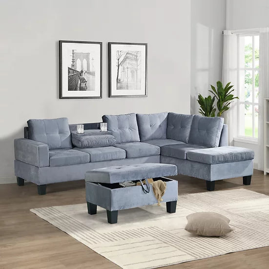 S878 ALLEN 3 PCS SECTIONAL WITH STORAGE OTTOMAN LIVING ROOM SET- GREY